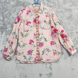 Magazine Top Womens L Pink Floral Button Up Embroidered Trim Gauzy Boho Casual
